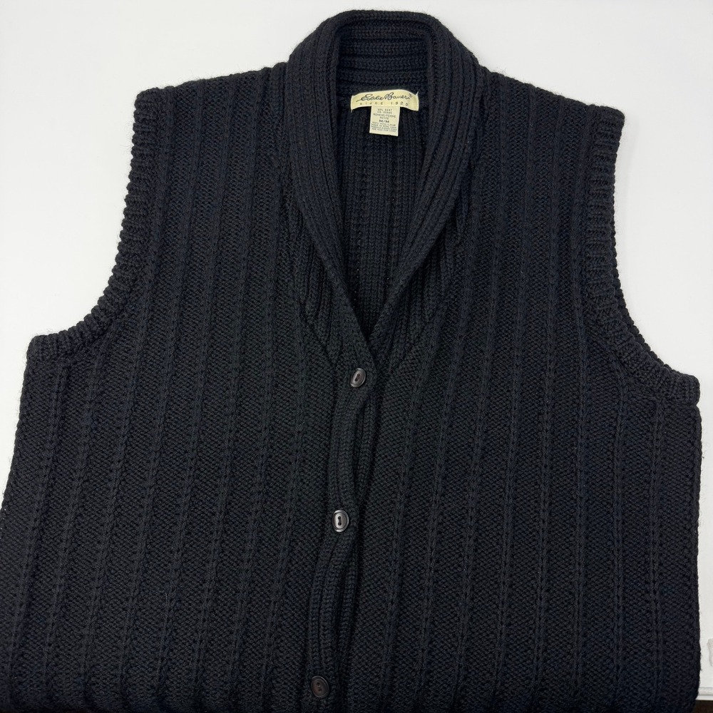 Eddie Bauer Black Wool Shawl Collar Rib Knit Sweater Vest Womens Petite Medium